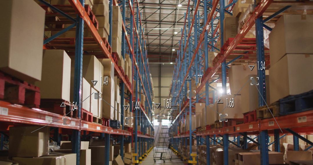 Warehouse Aisle with Shelving and Boxes Showing Automation Data