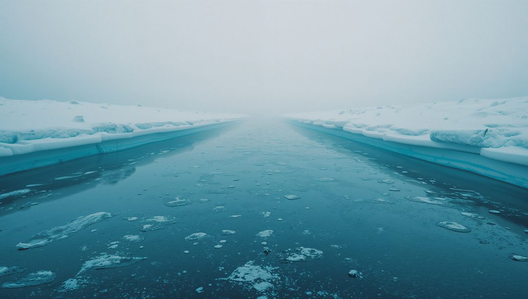 Icy Canal Extends Into Foggy Horizon with Floating Ice and Snow Embankments