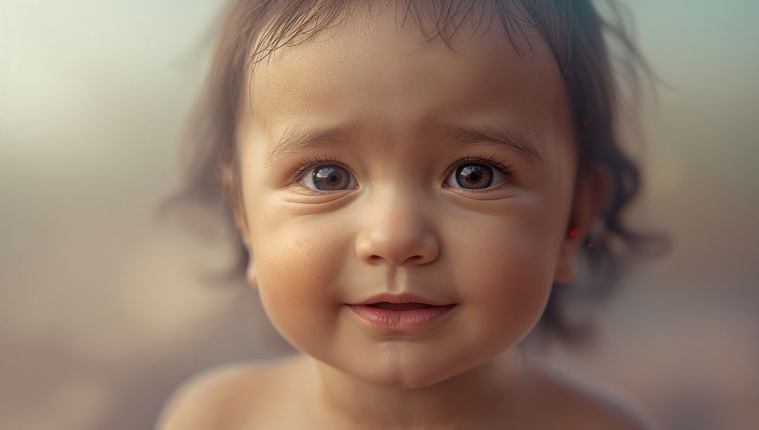 Smiling Toddler Girl in Soft Focus Portrait with Red Earrings