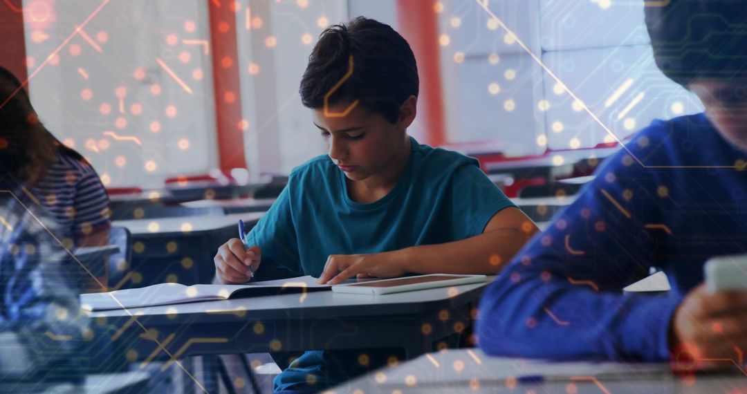 Focused Boy Taking Notes in Classroom with Futuristic Overlay