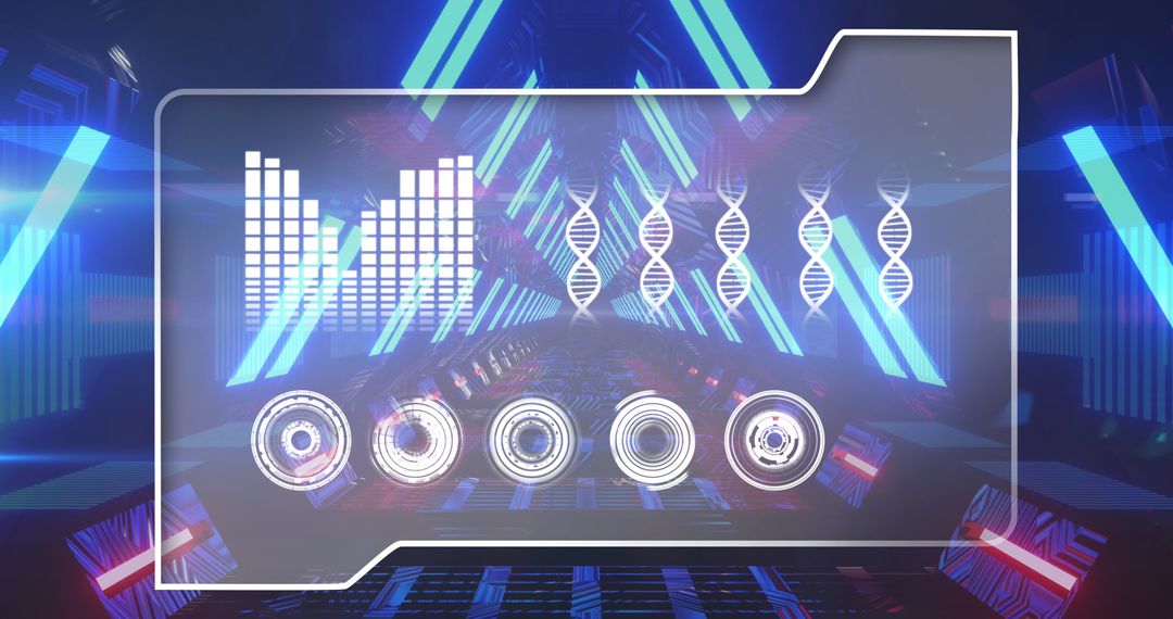 Futuristic Digital Interface with DNA and Sound Visualization