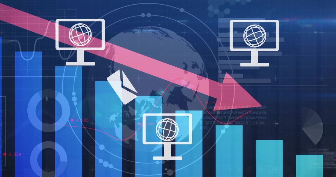 Global business decline concept with falling graphs and globe icons