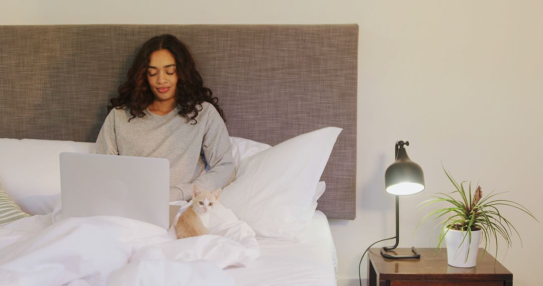 Woman with Laptop and Cat Relaxing in Bed - Free Images, Stock Photos and Pictures on Pikwizard.com