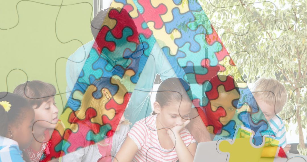 Diverse Children Learning with Teacher Overlaid by Colorful Puzzle Pieces