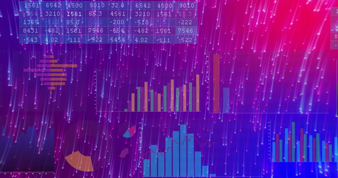 Animating Neon Data Dashboard with Falling Light Trails, Bar Charts, Numeric Matrix