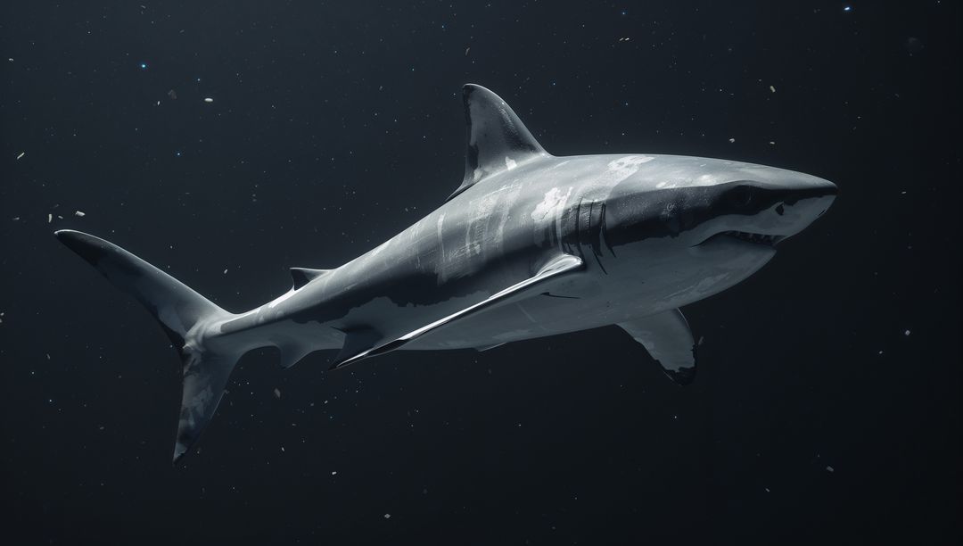 Gliding Requiem Shark Swimming in Deep Ocean Depths Showing Scars, Dorsal Fin and Teeth