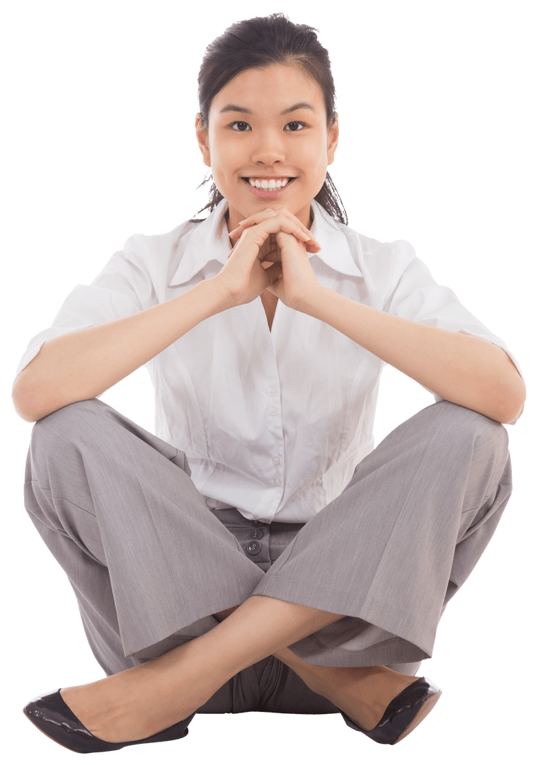 Smiling Businesswoman Sitting Cross-Legged on Transparent Background