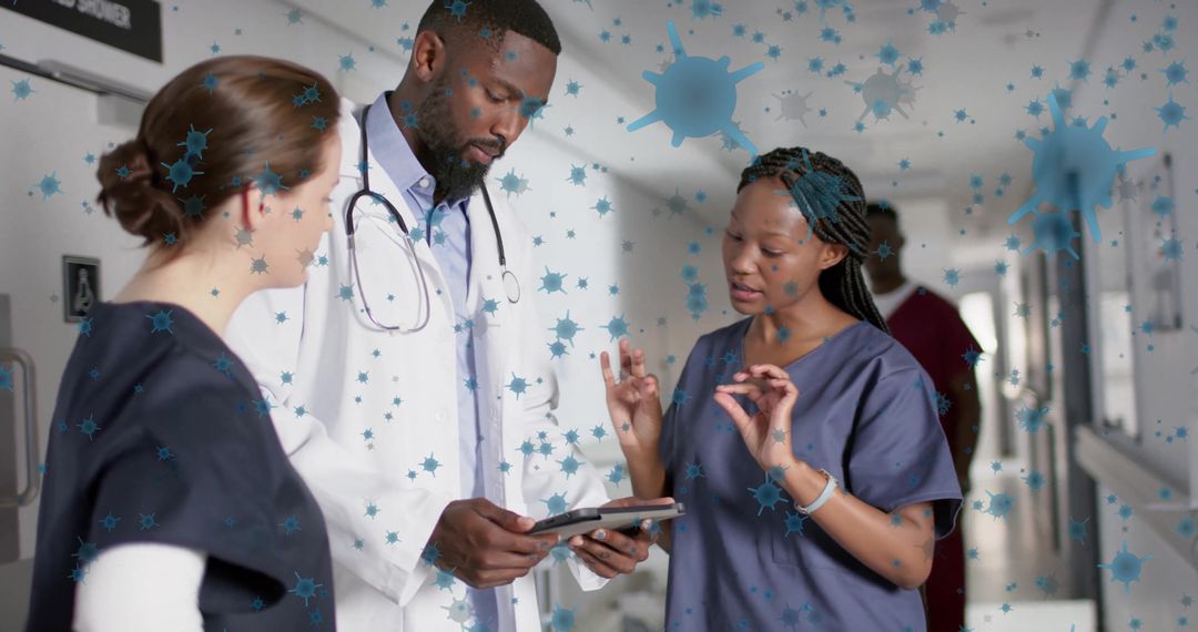 Healthcare Professionals Discussing in Hospital Surrounded by Viral Particles