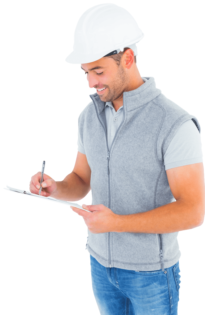 Smiling Manual Worker in Hard Hat Holding Clipboard on Transparent Background