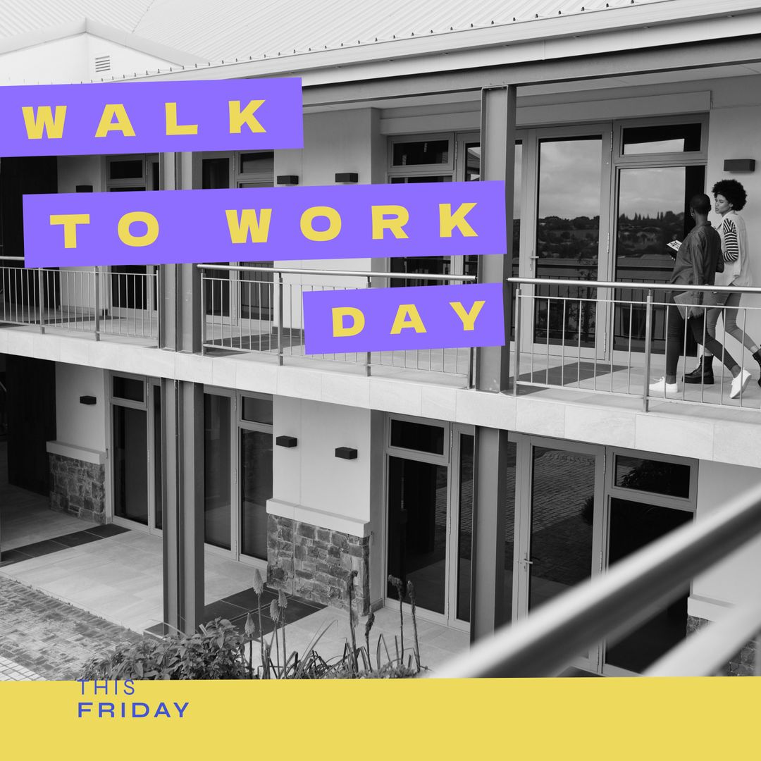 Walk to Work Day Text Overlay on Offices with Professionals Walking