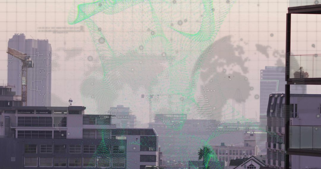 Floating Digital World Map Overlay in Urban Cityscape