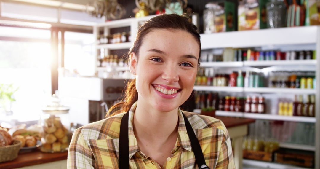 Happy Female Shop Assistant Wearing Plaid Shirt Smiling in Grocery Store - Free Images, Stock Photos and Pictures on Pikwizard.com