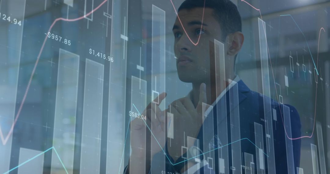Businessman Analyzing Global Financial Data Overlays