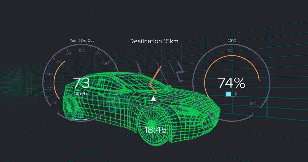 Futuristic Car Interface with Wireframe and Digital Gauges