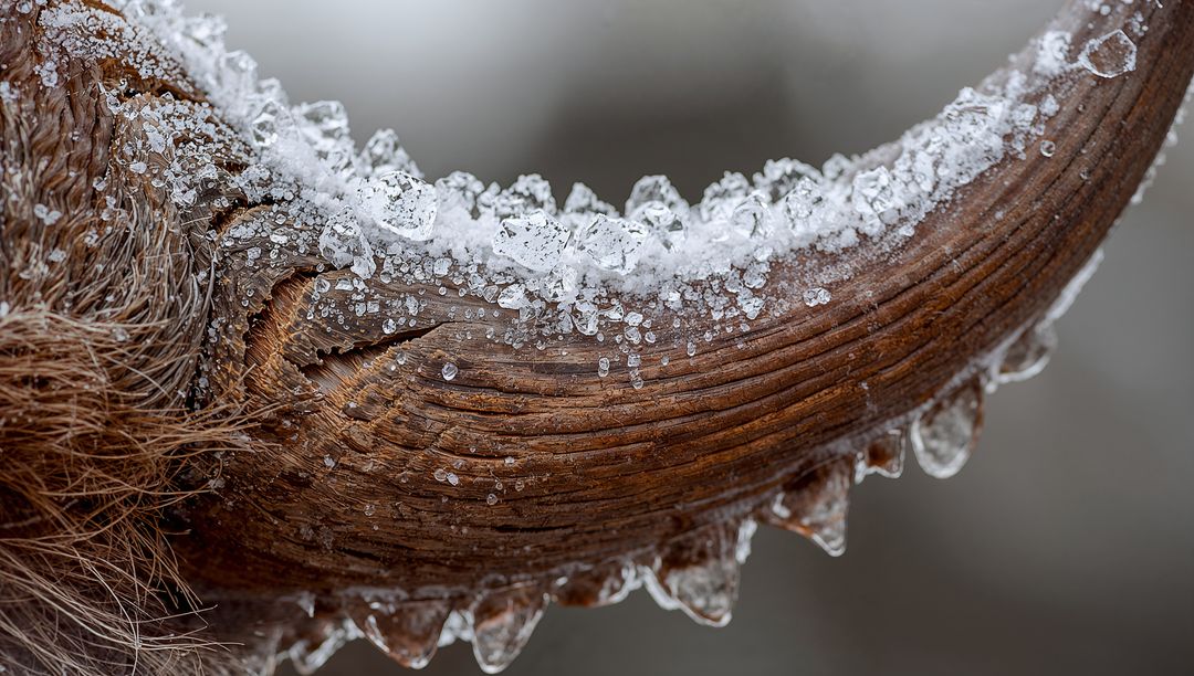 Macro Frosted Horn Detail Featuring Ice Crystals and Dripping Icicles on Curved Antler