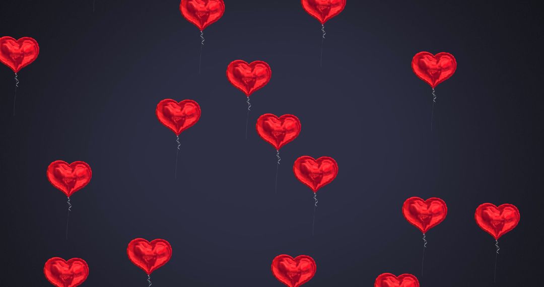 Floating Red Heart Balloons Against Dark Background