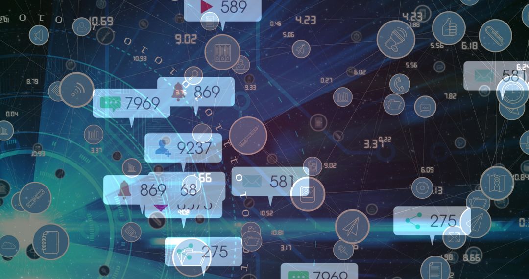 Digital Network Interface with Floating Social Media Icons and Metrics