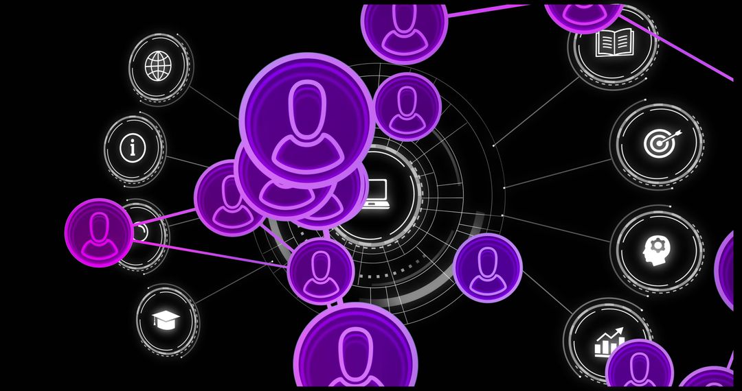 Digital Network with User Icons and Data Nodes on Black