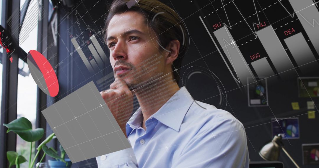 Pensive Young Professional Analyzing Data with Digital Interface