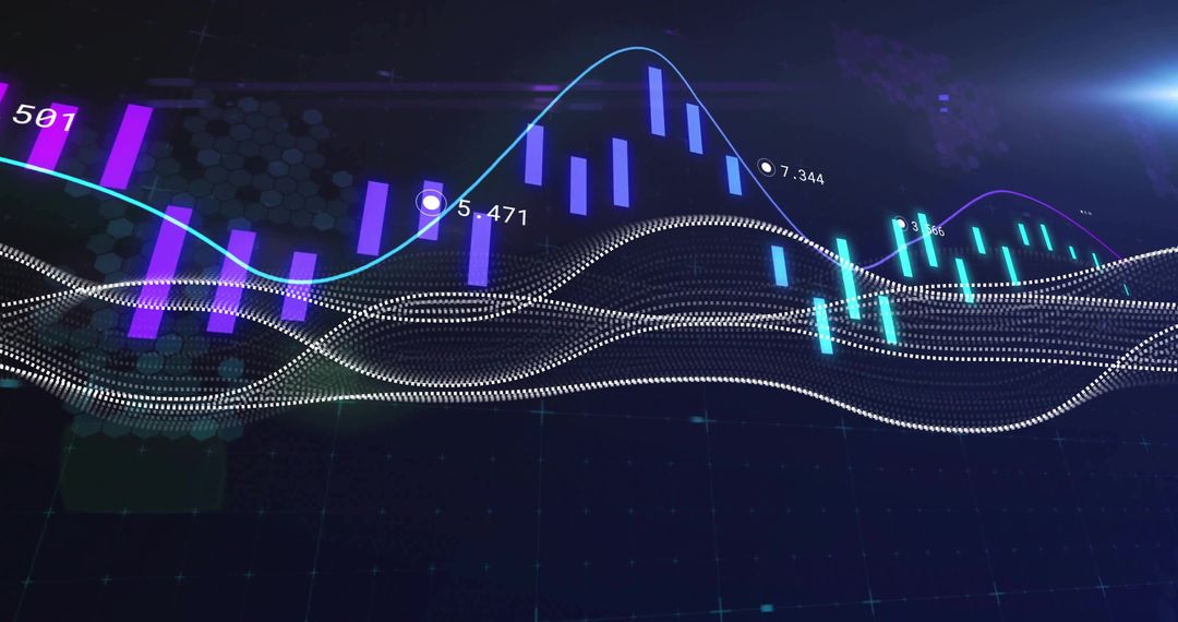 Futuristic Digital Data with Neon 3D Bar Charts and Blue Waveforms
