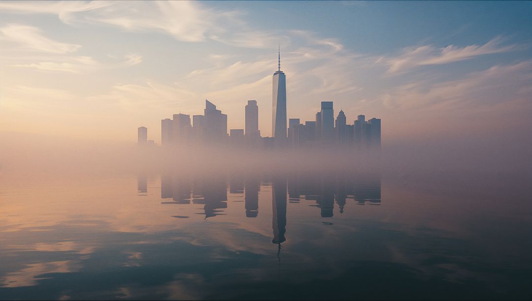 Dawn Cityscape Reflecting Over Calm Riverfront with Mystical Fog