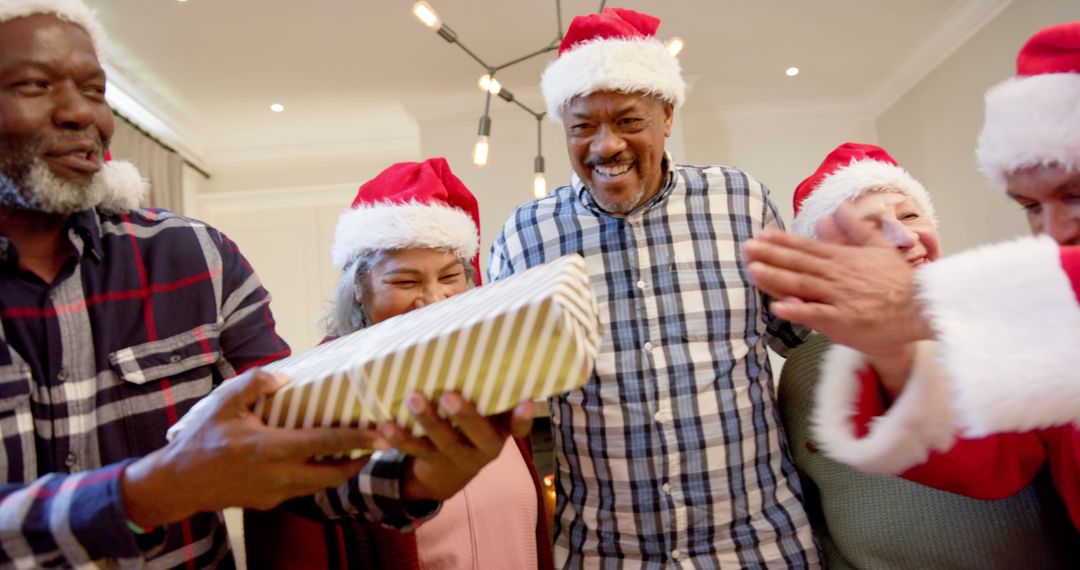 Diverse Seniors Joyfully Exchanging Christmas Gifts in Festive Hats - Free Images, Stock Photos and Pictures on Pikwizard.com