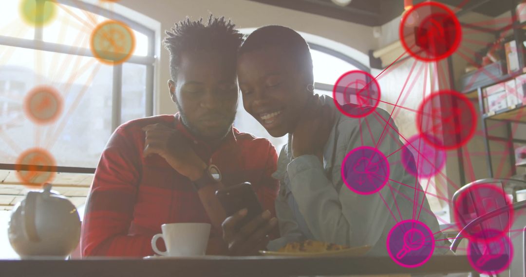 Couple Engaging with Digital Network at Cozy Cafe