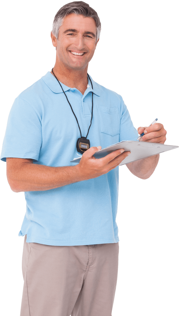 Smiling Trainer with Clipboard Wearing Casual Attire