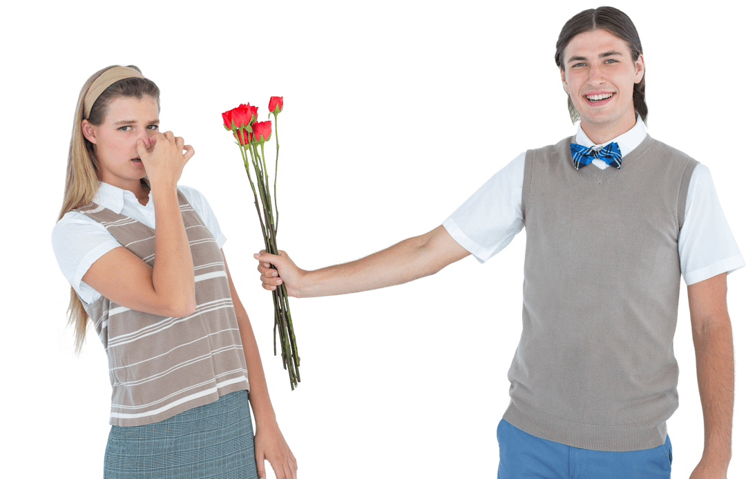 Geeky Hipster Offering Roses with Awkward Reaction on Transparent Background