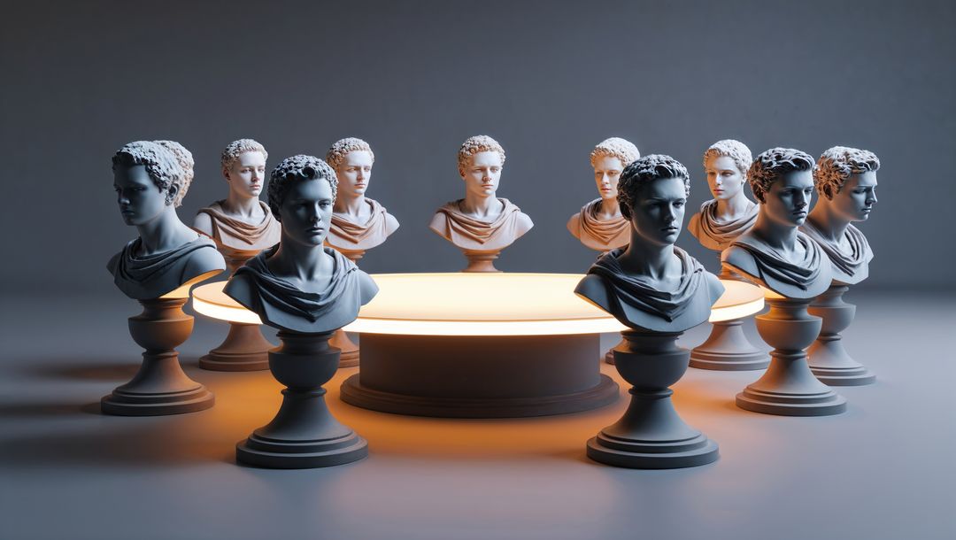 Classical marble busts on illuminated circular table, talking heads theme