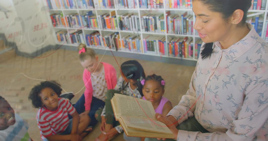 Educator Reading Story to Diverse Group of Children on Library Rug