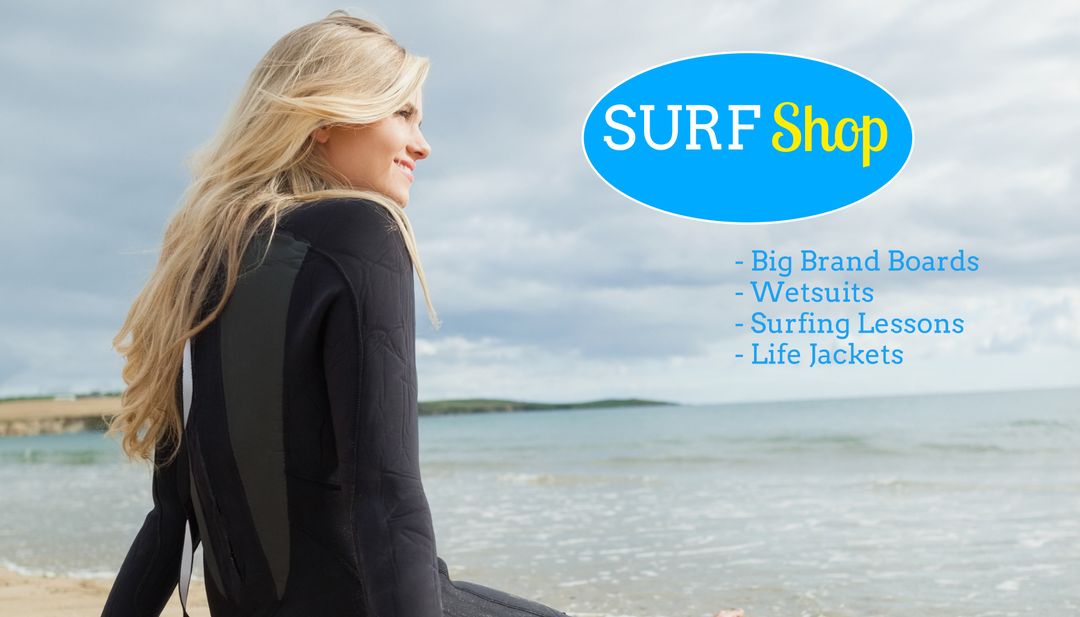 Serene Surf Shop Ad with Woman Enjoying Ocean View