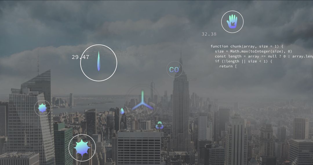 Futuristic Digital Data Projection over Urban Skyline with Skyscrapers
