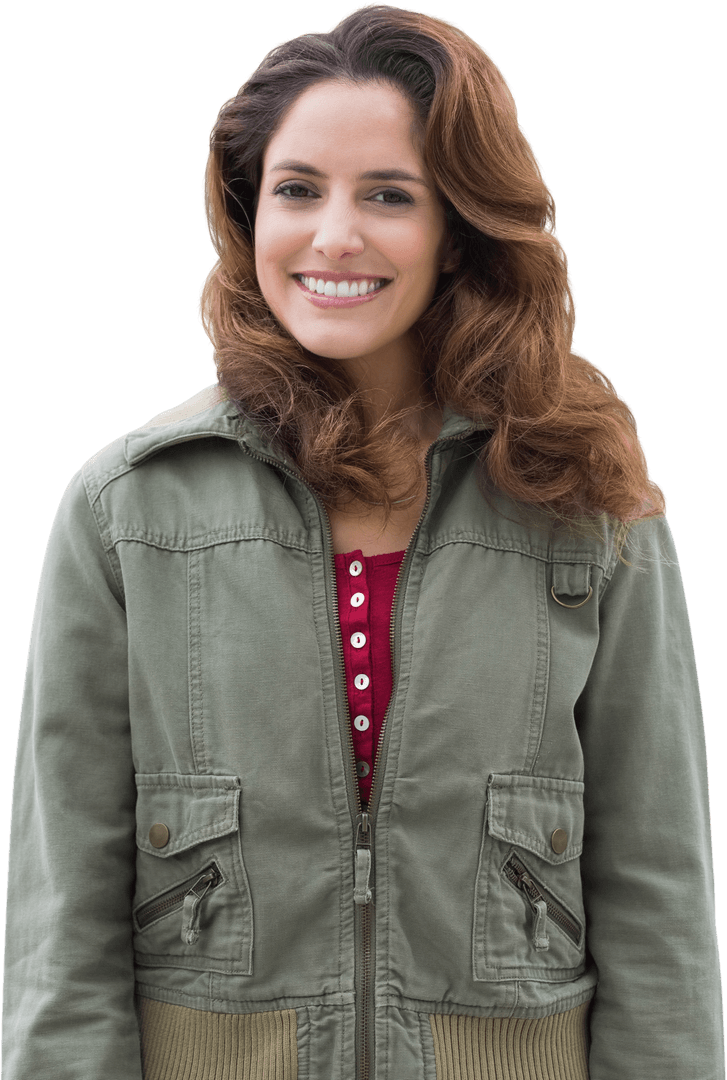 Smiling Woman in Green Jacket on Transparent Background