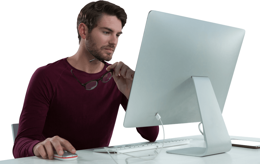 Caucasian Businessman Working on Desktop Transparent Background
