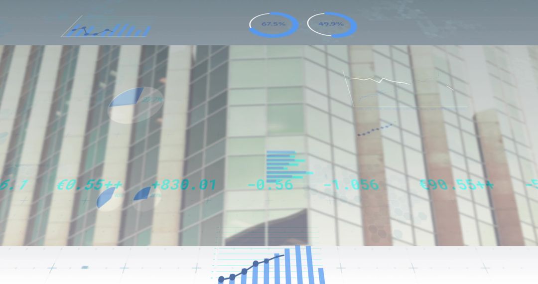 Futuristic Financial HUD on Skyscraper Facade with Charts