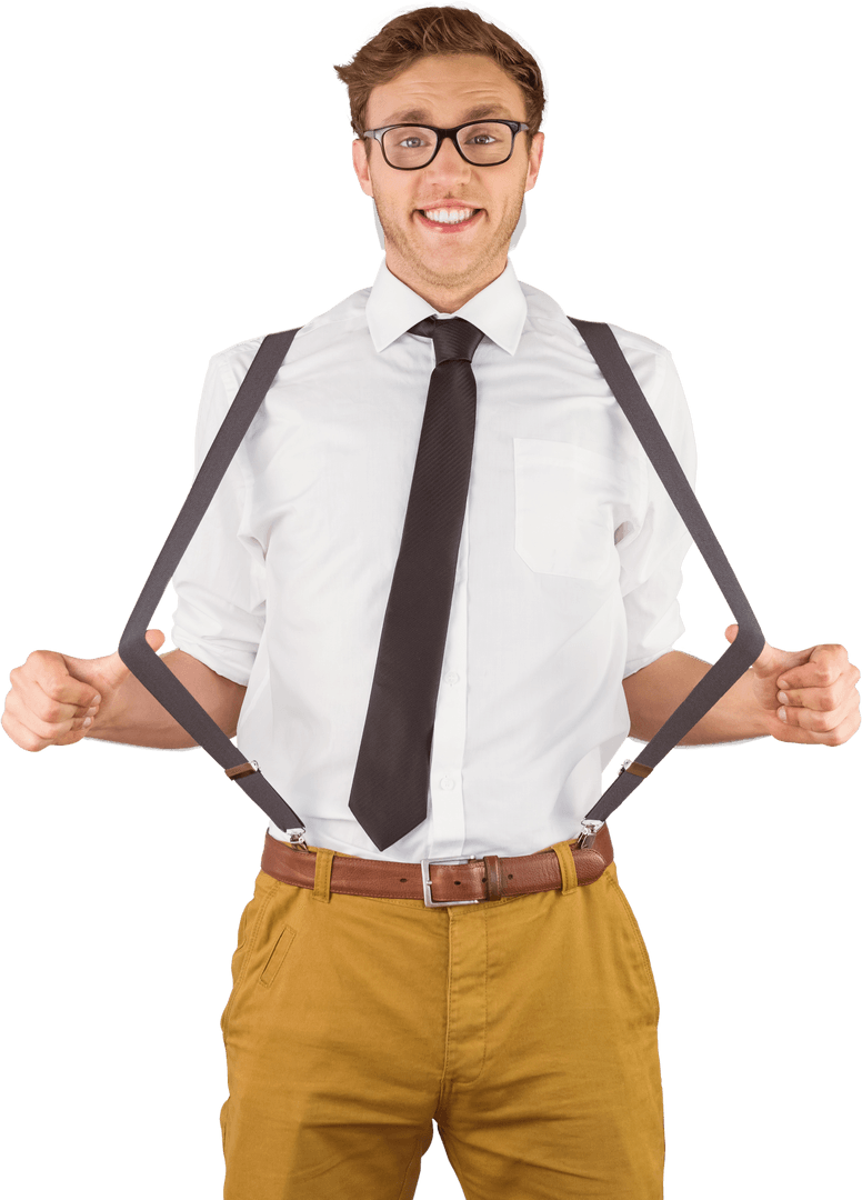 Geeky Man with Glasses Pulling Suspenders in Transparent Background