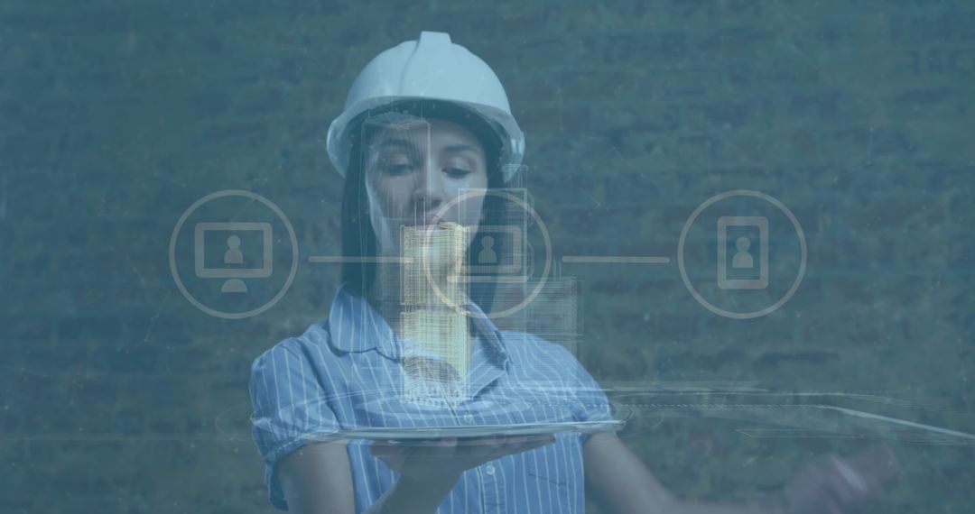 Female Engineer Holding Tablet with Augmented Reality Hologram