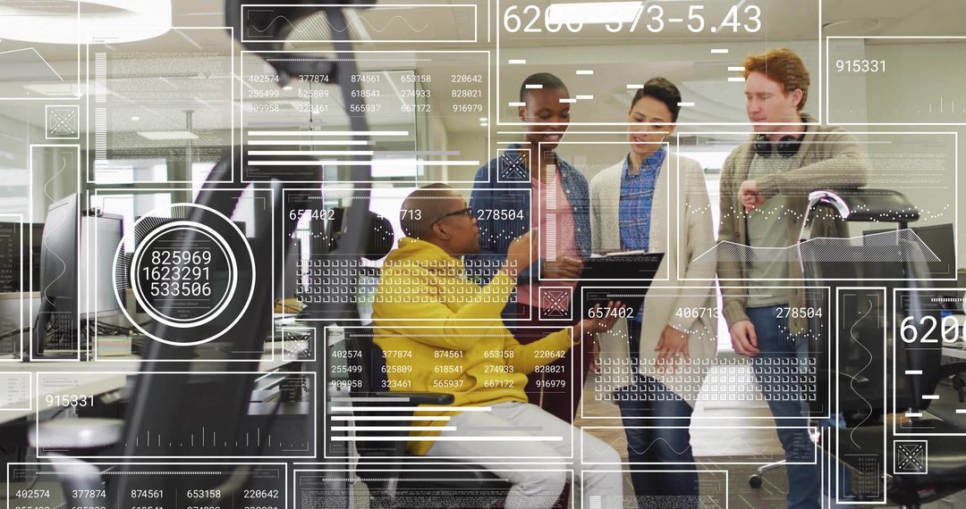 Diverse team collaborating over AR dashboards and data visualization in open office