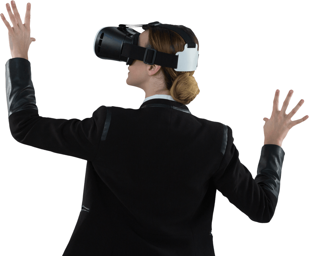 Caucasian Businesswoman Engaging in Virtual Reality with VR Headset