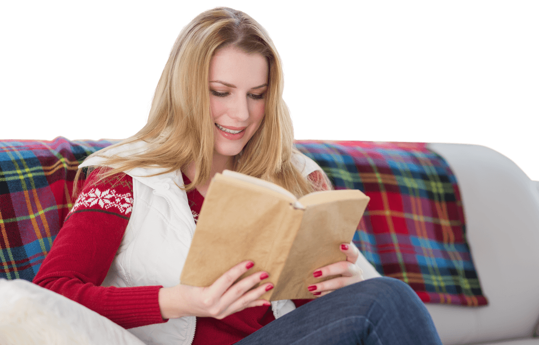 Transparent Cozy Woman Reading Book on Comfortable Couch