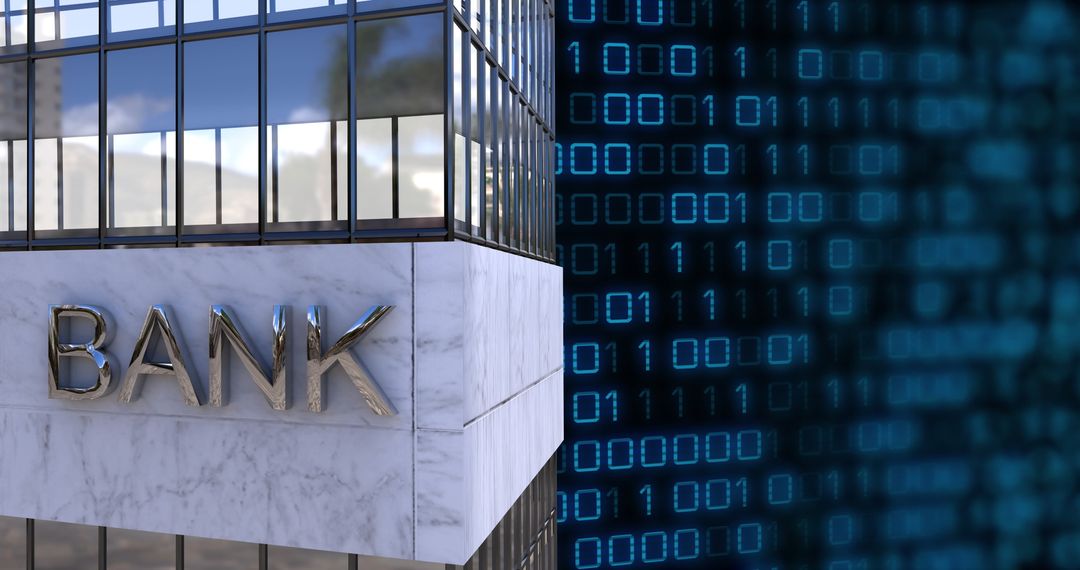 Bank Building with Digital Binary Code Reflecting Modern Finance