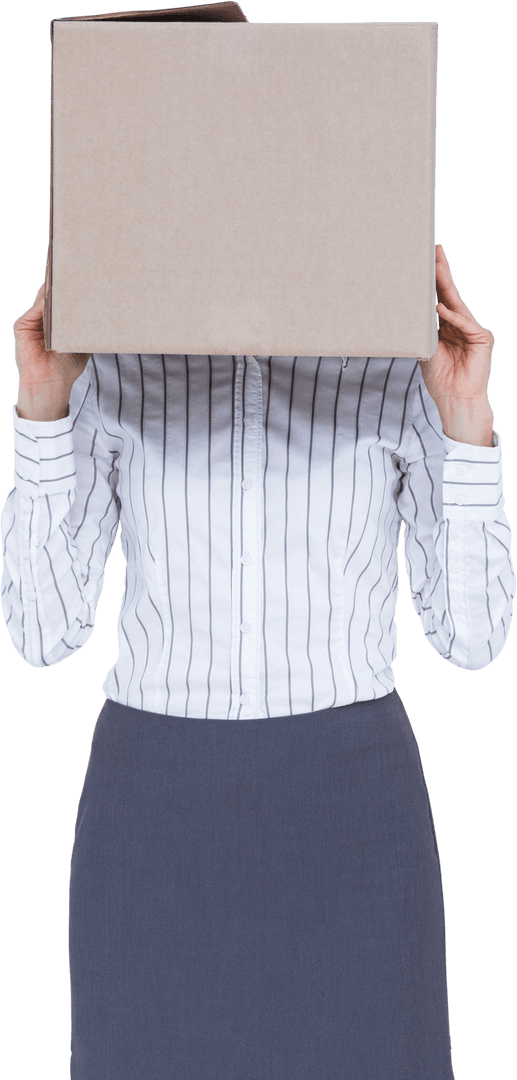 Transparent Businesswoman Hiding Behind Large Box Indoors