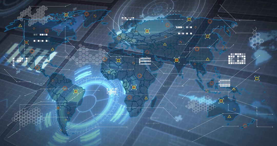Futuristic World Map with Digital Interface and Data Visualization