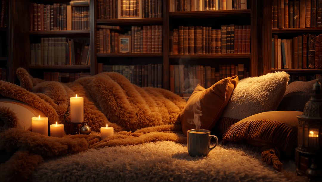 Cozy Library Nook with Candles and Warm Blankets at Dusk