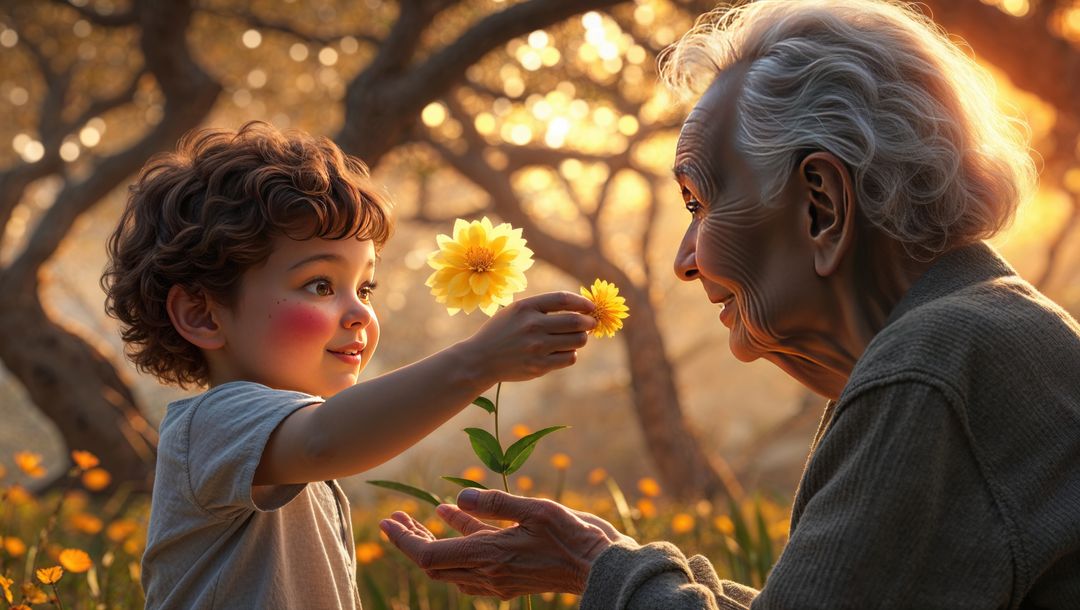 Grandmother and toddler sharing joy in sunlit meadow, forgiveness theme