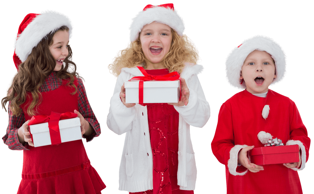 Caucasian Children with Christmas Gifts on Transparent Background