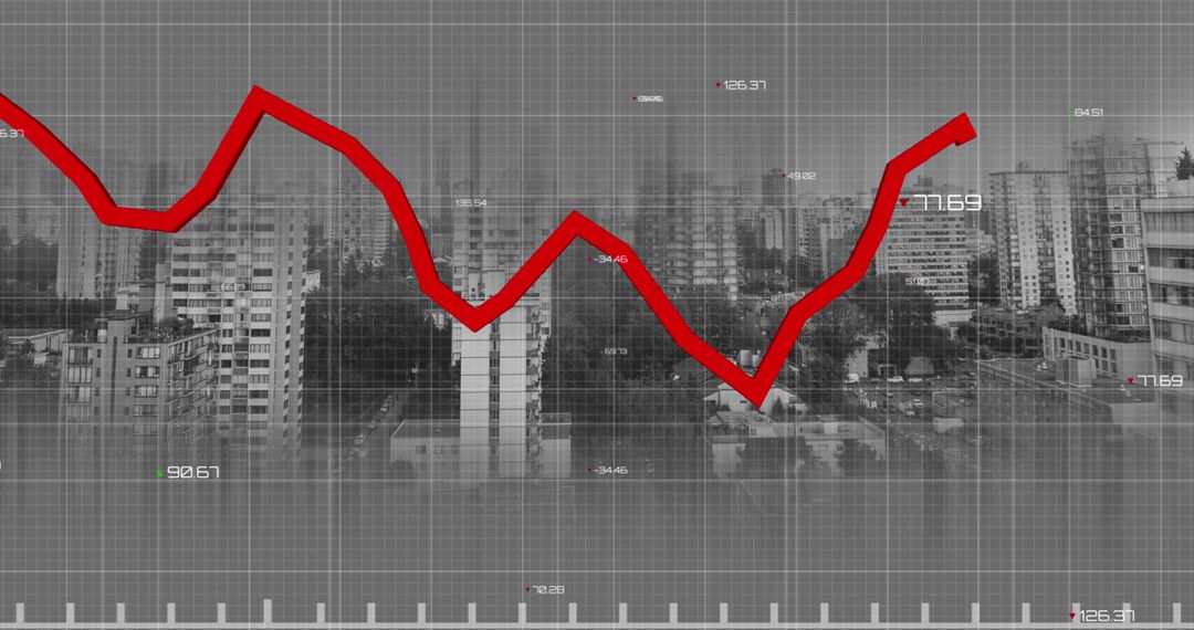Red Graph Line Overlaying Cityscape Represents Market Trends