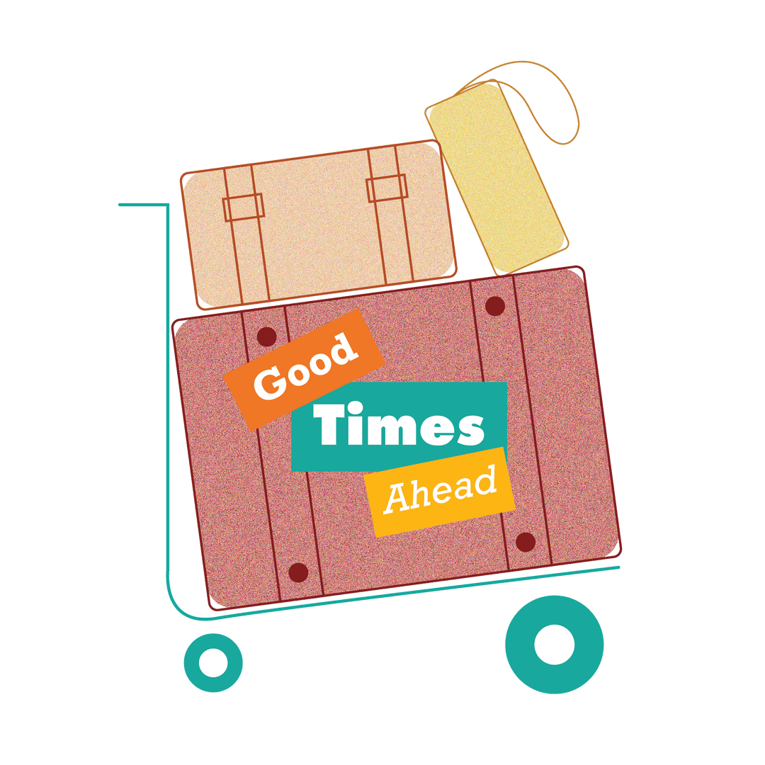 Teal Trolley with Suitcases and Travel Phrase Transparent Background
