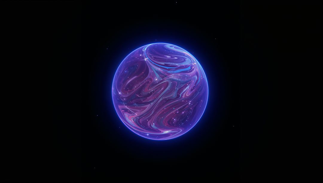 Glowing marbled orb floating in cosmic void with neon-blue halo and nebula swirls